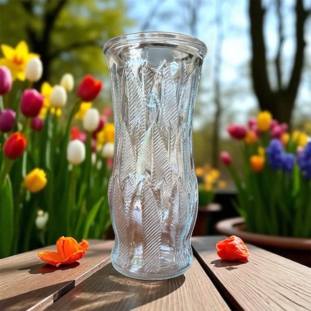 Vintage EO Brody Co Clear Glass Vase C901 Feather Wheat Pattern Mid Century
